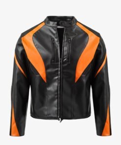 Cropped Leather Race Jacket - Black/Orange