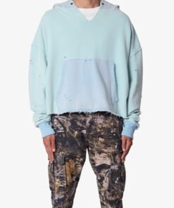 Destroyed V Neck Hoodie - Light Blue