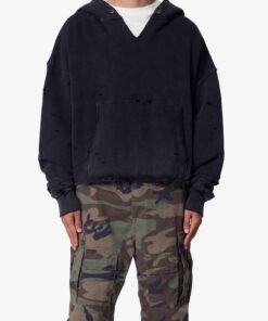 Destroyed V Neck Hoodie - Washed Black