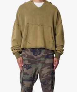 Destroyed V Neck Hoodie - Washed Olive