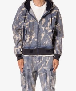 Double Denim Hooded Bomber Jacket - Blue